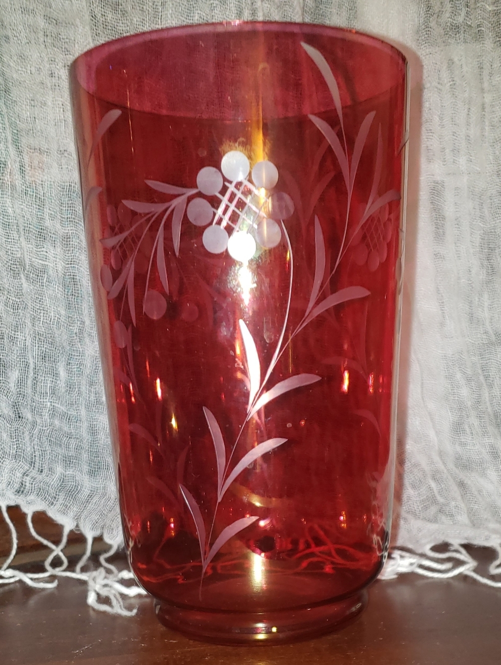 Red Etched Glass Vase with Floral Motif